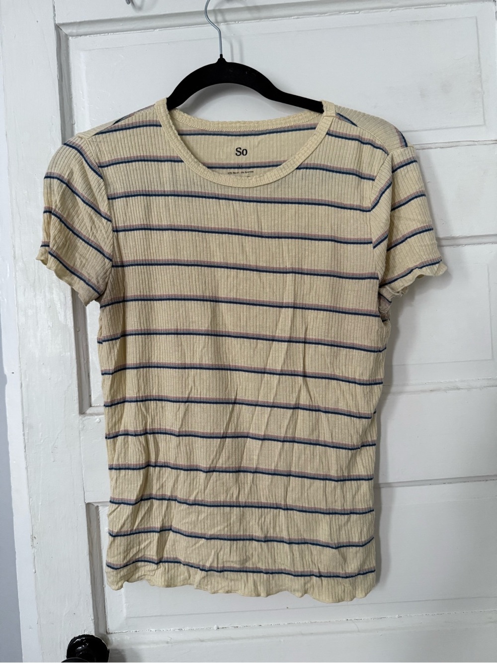 SO Cream Short-Sleeve Ribbed Tee with Navy Stripes